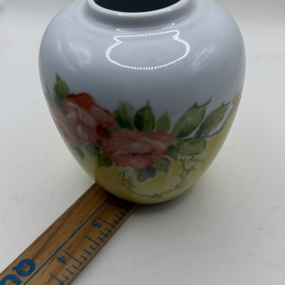 Vtg Hanso Painted Floral Porcelain Vase Flowers Yellow Bud Vase Cottage Decor - Picture 10 of 13